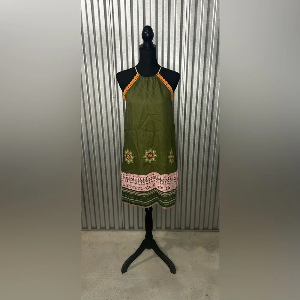 Women’s Raffaela D’Angelo Green Linen Floral Tassel Rope Tunic Dress Size Small - Picture 1 of 7